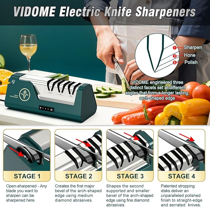 Professional Electric Knife Sharpener with 100% Diamond Abrasives & Precision Angle Guides, 3-Speed Variable 4-Stage Open Touch-Screen LCD Knife Sharpener for Straight, Serrated Edges, Scissors & Axes