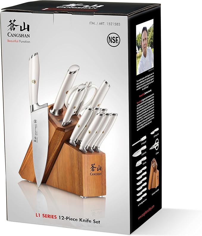 Cangshan L1 Series White 1026078 German Steel Forged 12-Piece Knife Block Set with 6 Steak Knives, Acacia Block