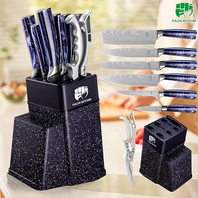 FULLHI 8pcs block Knife Set,chef's Knves Set with Block and Sharpener, Kitchen Knife Set,Multi-colour Handle, Gifts for Men Women