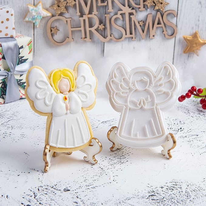 Flycalf Angel Cookie Cutters Christmas with Plunger Stamps Holiday PLA Baking Accessories Cutter Molds Gifts Decorative Party 3.5" Kitchen Cake Supplies