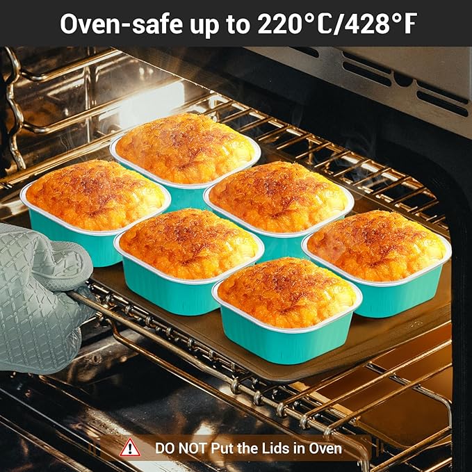 EUSOAR Aluminum Foil Baking Cups with Lids, Blue 10oz 50pcs Creme Brulee Cups, Disposable Ramekins, Muffin Cups for Baking, Square Cupcake Pans, Mini Cake loaf Bread Pans