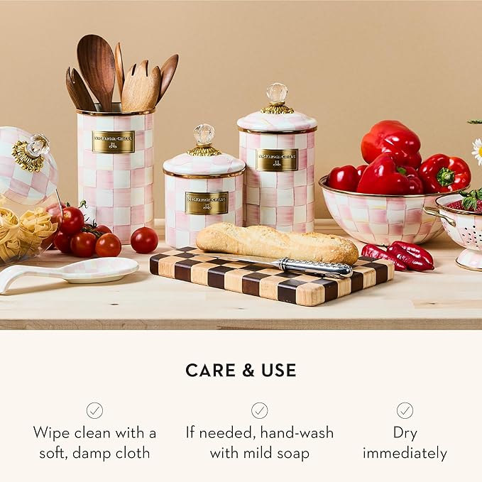 MACKENZIE-CHILDS Large Enamel Canister, Kitchen Storage Container for Flour and Sugar, 1.89 Liters, Pink-and-White Rosy Check
