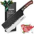 Huusk 7.5" Meat Cleaver Knife - Hand-forged Butcher Knife High Carbon Steel Kitchen Knives with Damascus Texture, Full Tang Japanese Knives with Wood Handle, Gift for Father's Day