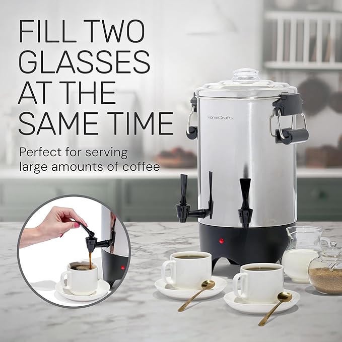 HomeCraft 45-Cup Coffee Urn and Hot Beverage Dispenser with Double Dripless Faucet, Quick-Brewing, Stainless Steel