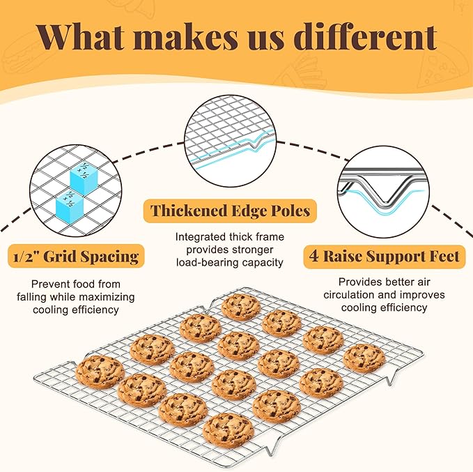 Cooling Racks for Cooking and Baking - 2 PCS 11.65" x 16.85" Grid Wire Baking Rack for Oven Cooking, Baking, Grilling, Roasting - Dishwasher Safe Bacon Rack - Fits Half Sheet Cookie Pan