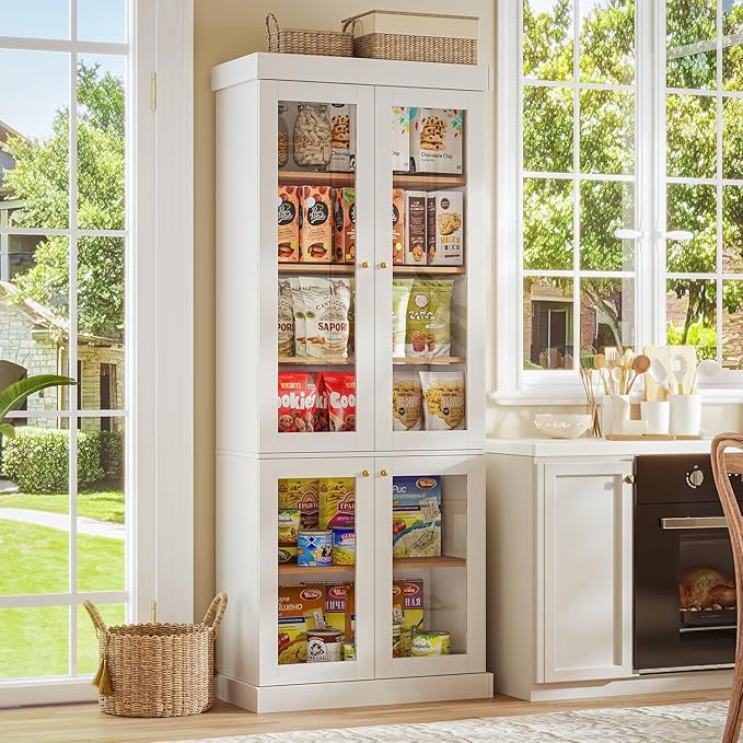 70.8" Tall Farmhouse Kitchen Pantry Cabinet with Glass Doors, Modular Wooden Storage Cabinet with 6-Tier Adjustable Shelves, Hutch for Kitchen or Living Room, White, Set of 2