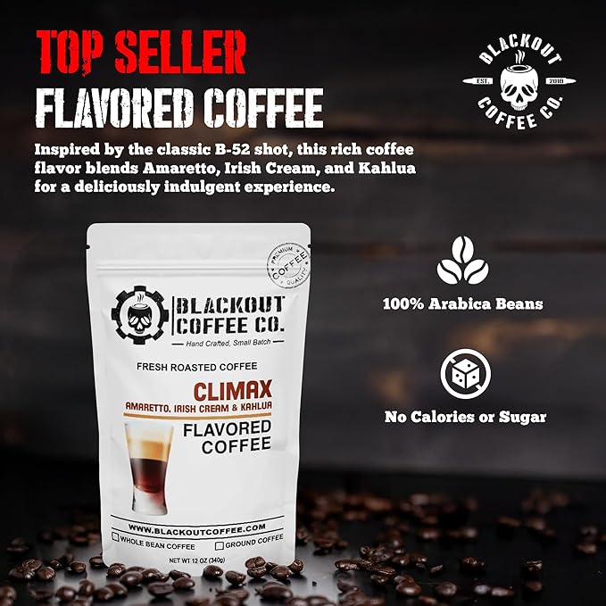 Blackout Coffee Climax Amaretto, Irish Cream & Kahlua Flavored Ground Coffee – Medium Roast, Smooth Taste, Guilt-Free Indulgence – Freshly Roasted 12oz Bag, American Made
