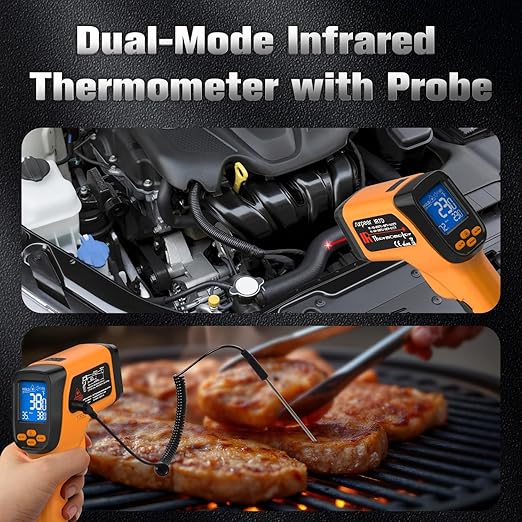 Infrared Thermometer Temperature Gun, Non-Contact Digital Laser Temp -58°F to 1472°F, K-Type Probe -58°F to 572°F, for Cooking, Pizza Oven, BBQ, HVAC, Home & Industrial