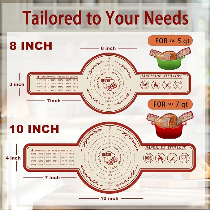 Silicone Bread Sling for Dutch Oven, 2 Pack (8" & 10" Round) – Non-Stick & 500°F Heat Resistant Sourdough Mat, Easy to Clean, Reusable Food-Grade Sourdough Slings - Fits 5–7 qt Dutch Ovens