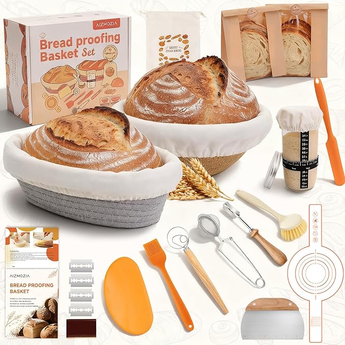 Complete Sourdough Starter Kit With Woven Proofing Basket, Sour dough Starter jar, Sourdough Bread Baking Supplies, Bread Making Kit,Perfect for Beginners & Gift