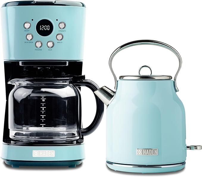 HADEN Coffee Machine, 12 Cup Drip Coffee Maker Bundled with Heritage 1.7 Liter Stainless Steel Electric Kettle, Turquoise & Chrome