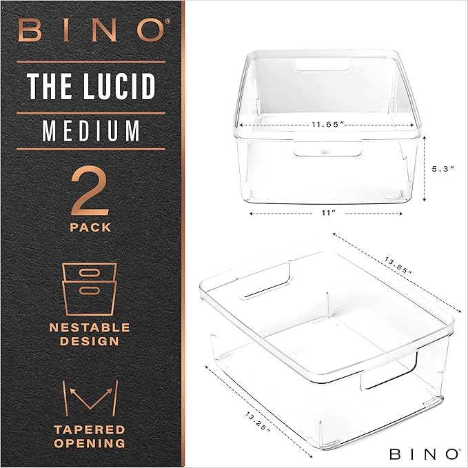 BINO | Plastic Storage Bins, Medium - 2 Pack | THE LUCID COLLECTION | Multi-Use Built-In Handles | BPA-Free | Clear Storage Containers | Fridge Organizer | Pantry & Home Organization