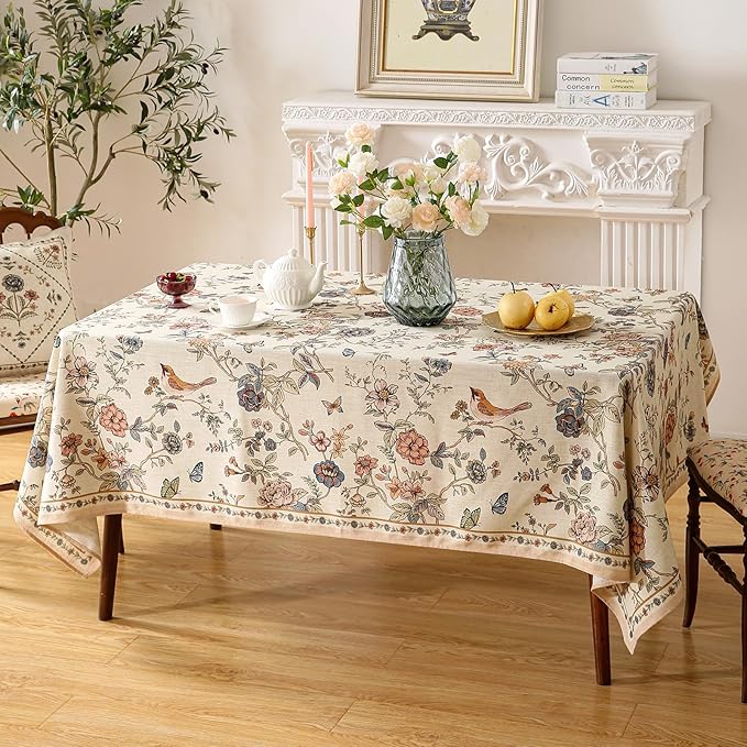 ISAENNE Designer French Light Beige Extra Long Rectangle Tablecloth,Linen Florals and Birds Pattern Table Cloth,Durable Decorative Tablecloths for Dining Thanksgiving Kitchen,67"*118"-Cornucopia