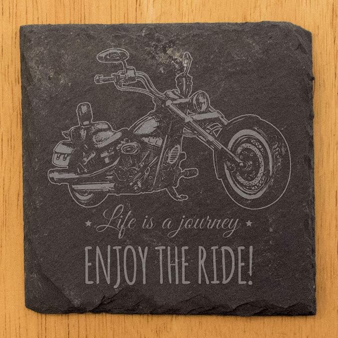 Coast in Style: Rustic Slate Coasters with Motorcycle Design - Square Slate - Set of 4