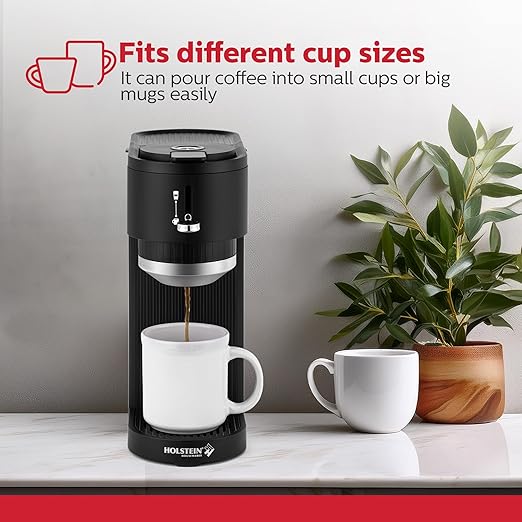 Holstein Housewares 2-in-1 Single Serve Coffee Maker, Dual Brew, Compatible with K-Cup Pods & Ground Coffee, Reusable Filter Included, Compact Drip Coffee Machine, 14oz Tank, Fits Most Cups - Black