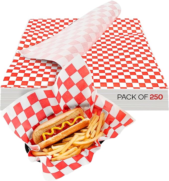 Red Checkered Deli Paper Sheets, 12" x 12" (250 pcs) - USA-Made Premium Food Basket Liners - PFAS-free Grease Resistant Deli Paper Sheets for Food, Snack & Baking Wrap, Picnic & Party by IDL Packaging