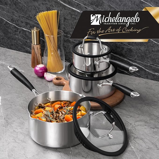 MICHELANGELO Triply Stainless Steel Saucepan Set with Strainer Lid, Heavy-duty Sauce Pan with Lid, Multipurpose Sauce Pot Induction Compatible - 1QT & 2QT & 3QT