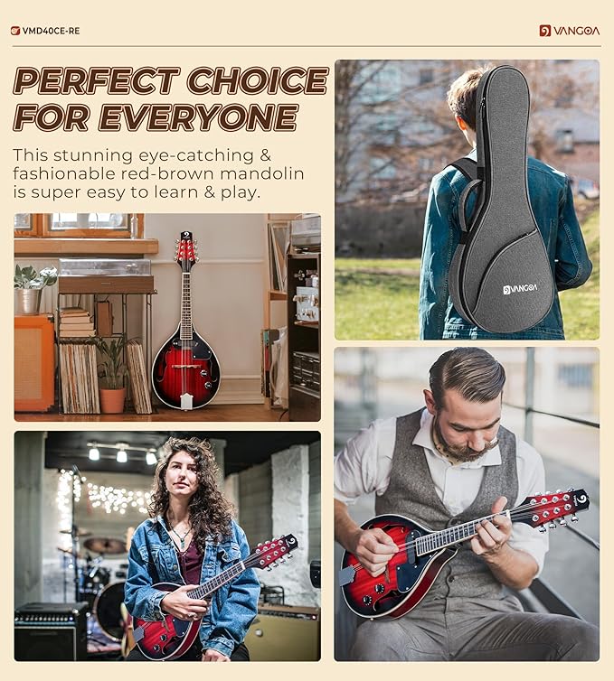 Vangoa Mandolin Musical Instrument A Style Acoustic Electric, 8 Strings Mahogany for Beginner Adults Teens, Red Burst