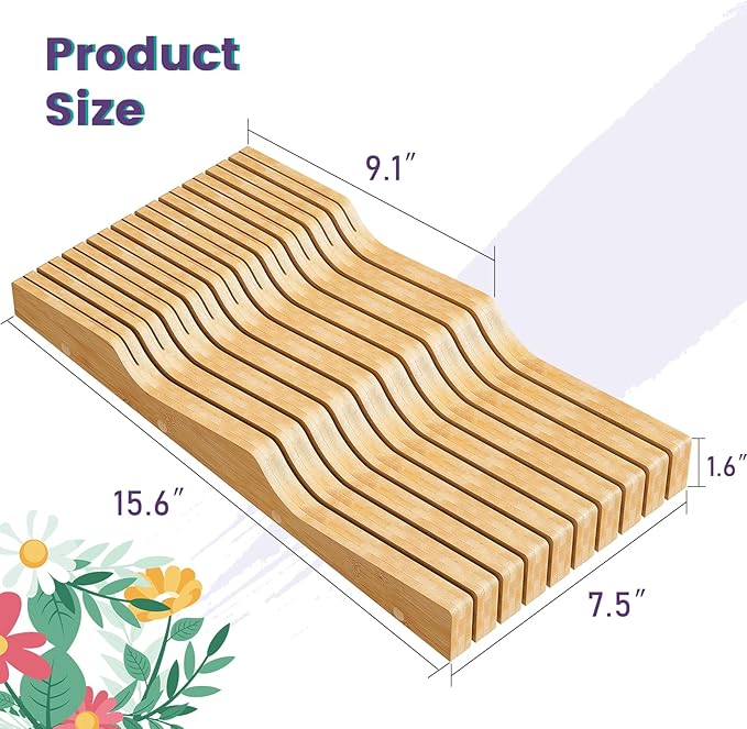 Bamboo In-Drawer Knife Block for 19 Knives(Not Included), Knife Drawer Organizer,Knife Holder Countertop,Block Knife Storage Organizer for Kitchen