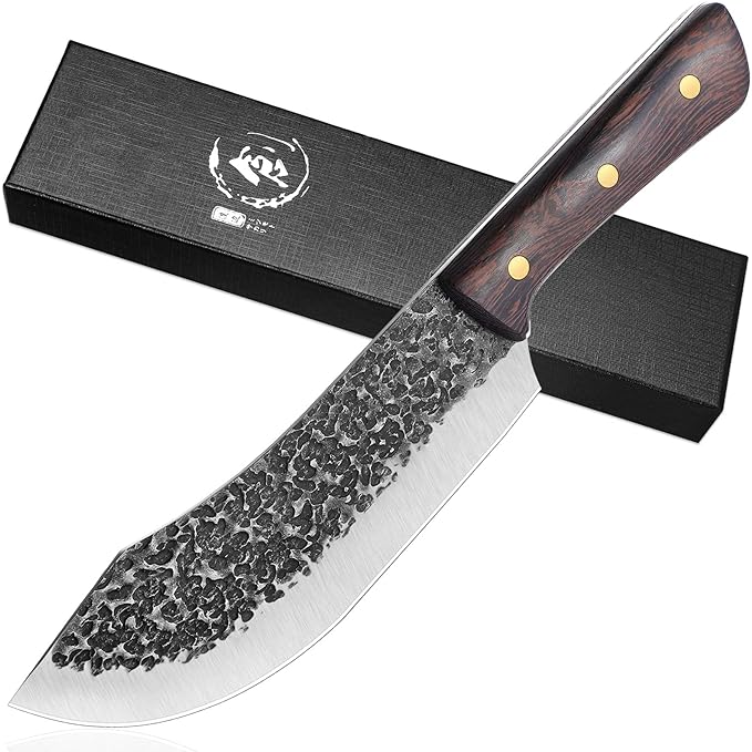 ROCOCO Butcher Knife for Meat Cutting Hand Forged 7" Sharp Full Tang Kitchen Meat Cleaver Cooking Knives for Home Outdoor Camping BBQ Christmas Father's Day Gift Idea Men