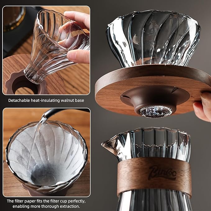 Bincoo Clear Glass Drip Coffee Maker Set - 500ML Glass Coffee Server Coffee Carafe with Walnut Dripper and 50PCS Paper Filter