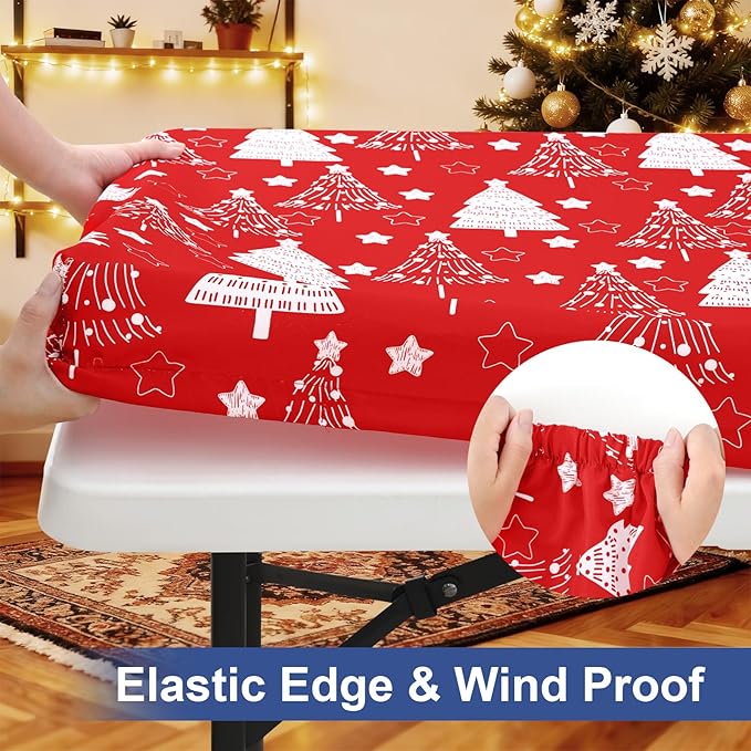 homing Rectangle Table Cloth Cover, Waterproof Polyester Elastic Fitted Tablecloth, Fits for 8 Foot Folding Tables, Washable Table Protector for Christmas, Holiday, Party (Christmas Tree, 30" x 96")