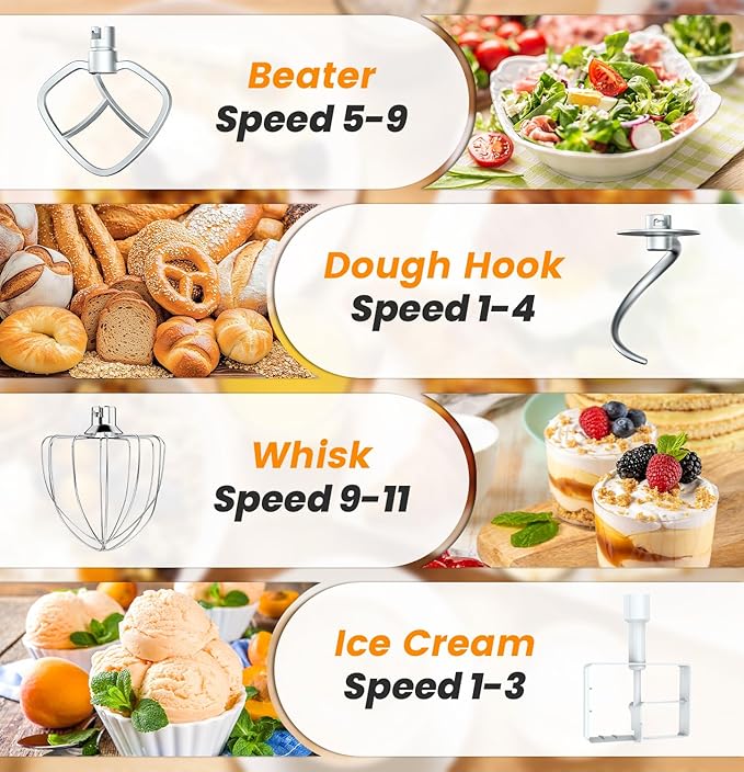 Stand Mixer Set, 6QT Kitchen Mixer with LED Touchscreen, 11-Speed Tilt-Head Mixer with Timer, 4 Preset Menus, Stainless Steel Bowl, Dough Hook, Whisk, Beater,Plus 2QT Ice Cream Maker Attachment