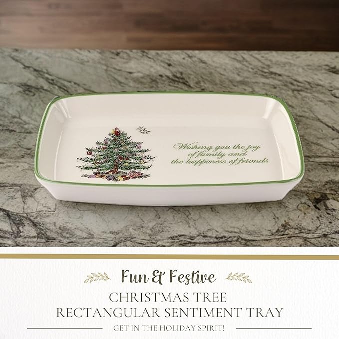 Spode Christmas Tree Rectangular Sentiment Tray (7" x 5") - Festive Earthenware Serving Plate for Holiday Snacks, Side Dishes, Treats, Durable Christmas Tableware - Microwave & Dishwasher Safe