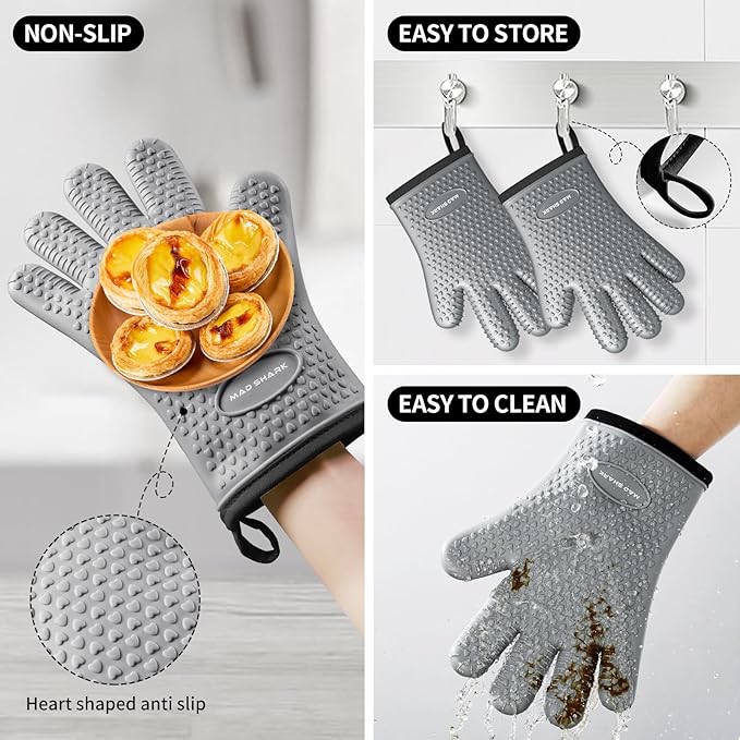 MAD SHARK Silicone Oven Mitts Heat Resistant 450 Degrees,Waterproof & Non-Slip Oven Gloves with Fingers,Cotton Lined Silicone Oven Gloves Kitchen Mitts for Baking Cooking Barbecue,Women,Oven (GREY1)