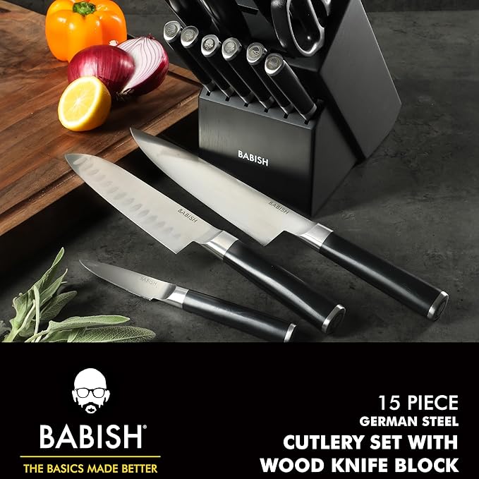 Babish High-Carbon 1.4116 German Steel 15 Piece Full Tang Forged Cutlery Kitchen Knife Block Set - Black