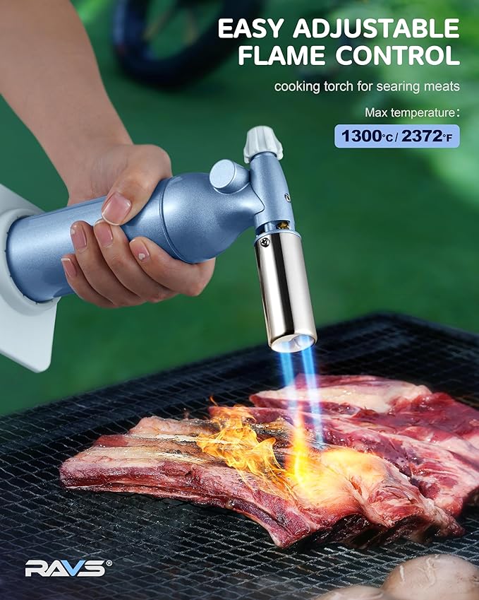 RAVS Dual Flame Butane Torch Lighter, Professional Kitchen Torch with 20G Large Capacity, Adjustable Flame, Blue Cooking Torch for Creme Brulee, BBQ, Baking, Gifts for Women (Butane Gas Not Included)