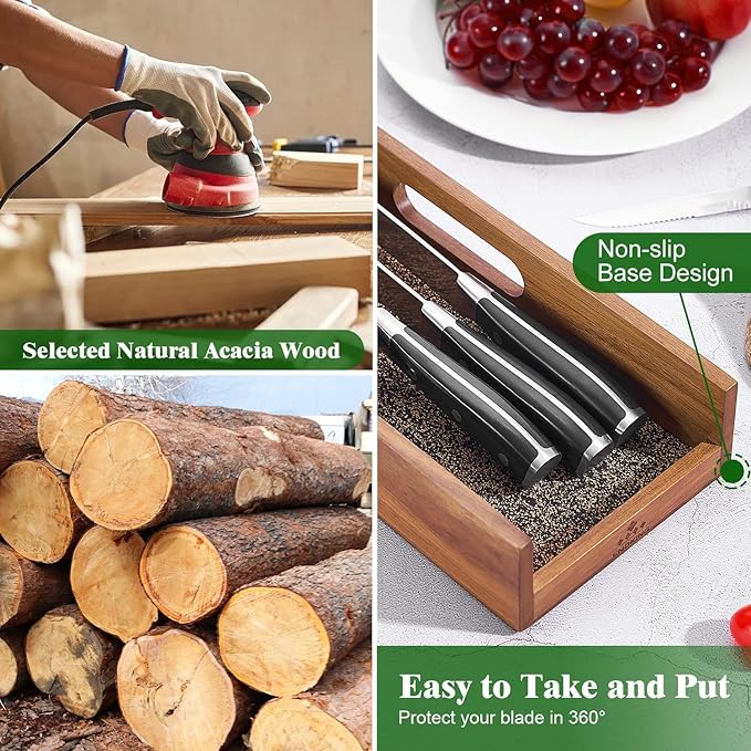 Enoking Knife Drawer Organizer Insert, In Drawer Knife Block, Acacia Wood Knife Holder with Cork Dividers For Kitchen Chef Steak Knife Storage Keep Drawer Tidy (Acacia Wood, 15 x 5.9 x 2.6 In)