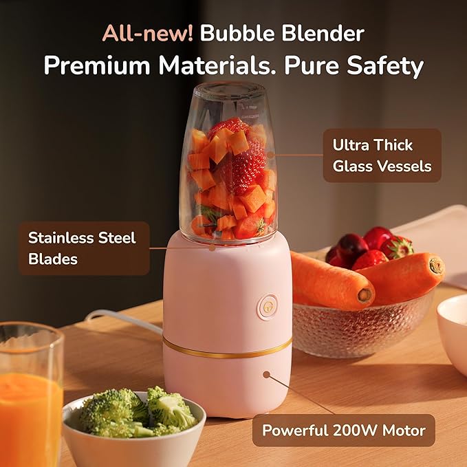 Bubble Blender, Baby Food Maker & Puree Blender with 2 Borosilicate Glass Cups, Compact Baby Bullet for Smoothies, Hands-Free One-Touch, 200W Motor, Rose