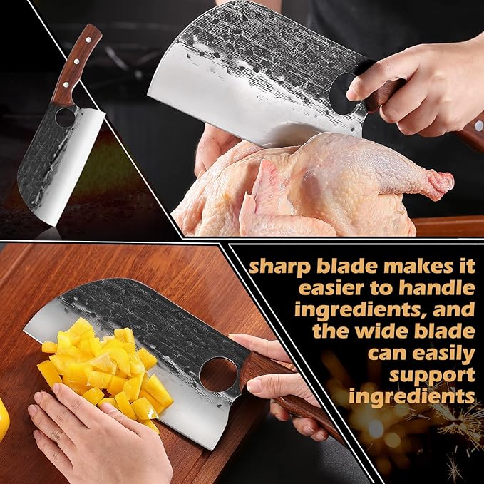 8'' Hand Forged Wood Butcher Knife Santoku for Meat Cutting Bone Chopping Kitchen Outdoor BBQ Camping