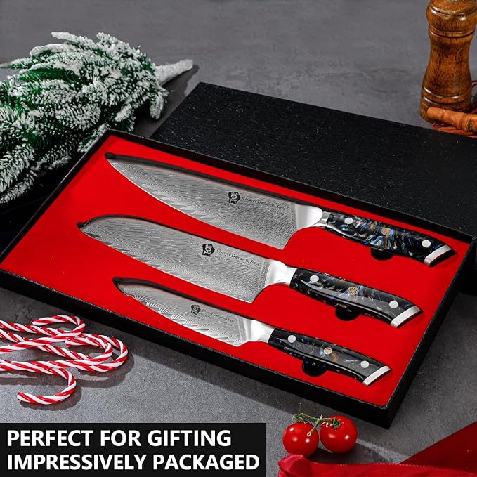 WILDMOK Damascus Kitchen Knife Sets 3 PCS, Japanese Kitchen Knife Set Damascus Steel Core, Ultra-Sharp Professional Chef Knife Set and Full Handle, Gift Box
