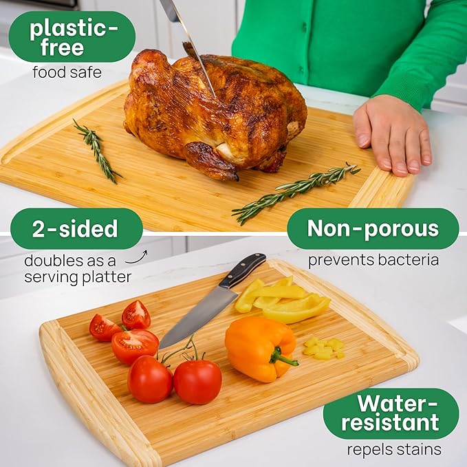 Organic Extra Large Bamboo Cutting Board with Lifetime Replacements –18 x 12 Inch Reversible Wooden Kitchen Chopping Board with Juice Groove – Used to Chop, Slice, Carve & Serve – by Greener Chef