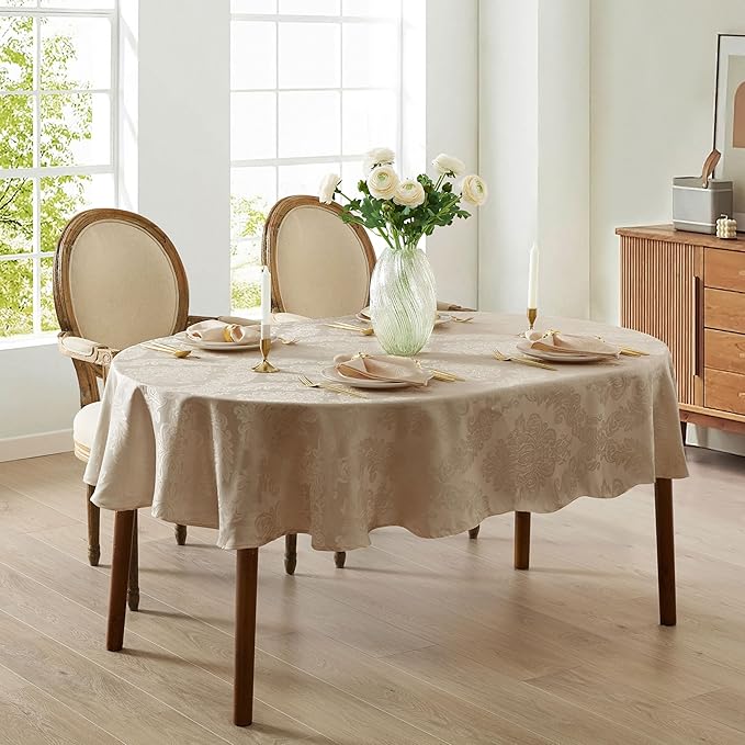 Newbridge Barcelona Luxury Damask Fabric Tablecloth, 60” Wide x 84” Oval, Golden Beige, 100% Polyester, No Iron, Soil Resistant Dining Room, Party and Banquet Table Cover