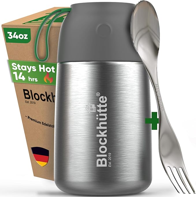 Blockhütte Thermos for Hot Food - 34 oz Vacuum Stainless Steel Thermal Lunch Box, Leakproof Soup Thermos, Wide Mouth Insulated Food Jar