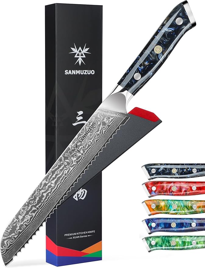 8 inch Bread Knife Serrated Kitchen Chef Knife - Damascus Steel & Resin Handle - Xuan Series (Starry Black)