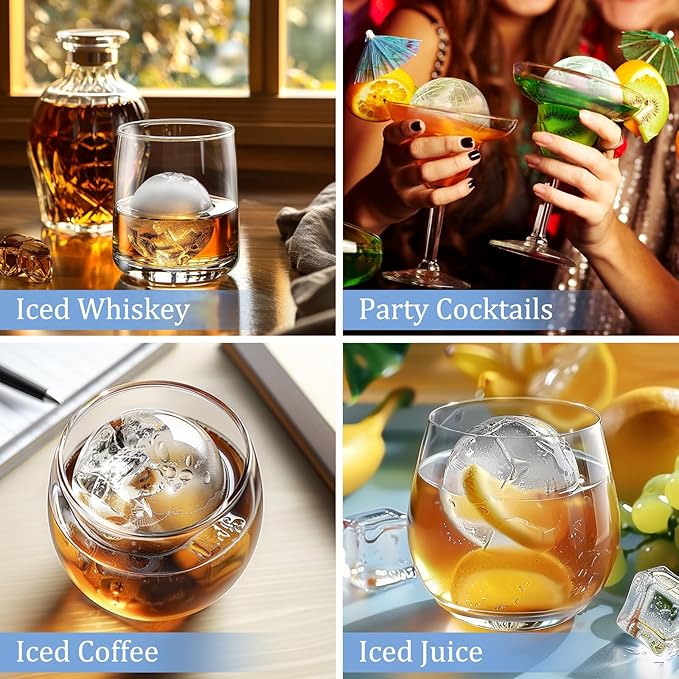 Ice Ball Maker Mold, Large Whiskey Ice Cubes Mold Round Ice Cube Mold, Easy Release Sphere Ice Mold, Silicone Ice Molds for Whiskey Cocktails Juice, Blue, Set of 2