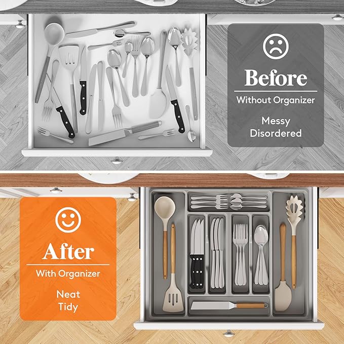 Lifewit Silverware Organizer, Plastic Kitchen Utensil Drawer Tray, Cutlery Flatware Storage Holder for Spoons Forks Knives, 20 x 16 Inches, 8 Compartment, Gray