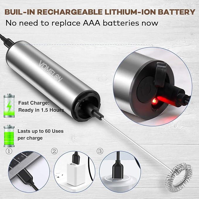 Rechargeable Milk Frother Battery Operated,2-Speed Portable Travel Frother,Electric Milk Foamer Coffee Frother for Latte, Cappuccino, Hot Chocolate Drink Mixer with Double Mini Whisks and USB Cable