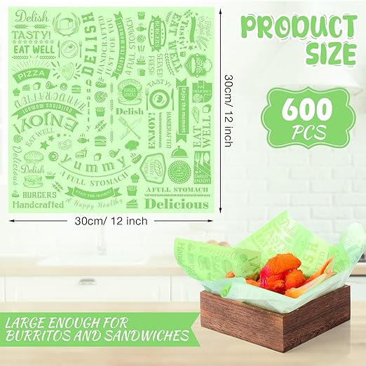 Outus 600 Pcs 12 x 12 Inch Deli Wax Paper Sheets Grease Resistant Tray Basket Liners Newsprint Paper Water and Grease Proof Sandwich Wrapping Square Hot Dog Wrappers for Food Baking (Light Green)