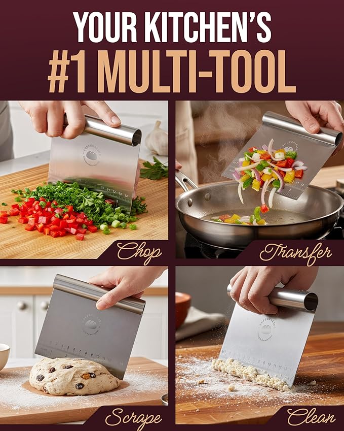 Superbaking Dough Scraper - 6" Stainless Steel Bench Scraper - Dough Cutter with Ruler - Pastry & Cake Scraper - Kitchen Tools Sourdough Baking Supplies - Bread Making Tools & Accessories for Bakers