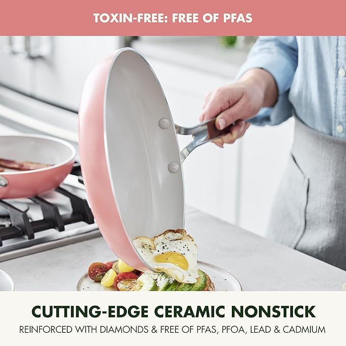 GreenPan Nova 8” & 10” 2 Piece Frying Pan Skillet Set, Oprah’s Favorite Things 2024, Induction Suitable PFAS-Free Nontoxic Ceramic Nonstick, Dishwasher & Oven Safe, Quick Even Heating, Coral
