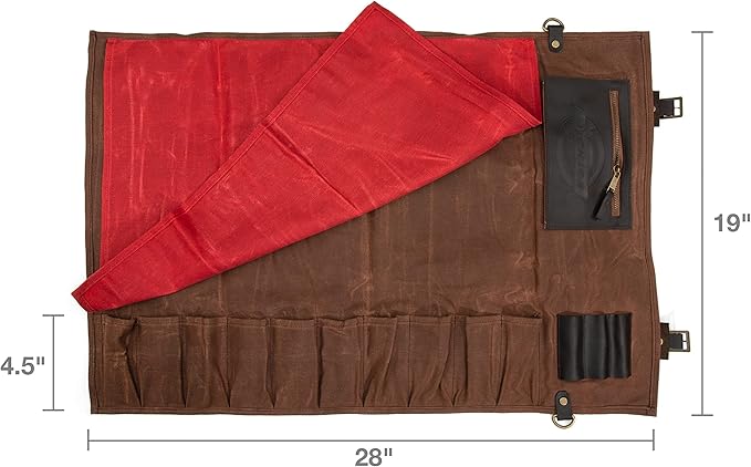 Dickies Chef Knife Roll Bag Portable Organizer and Cutlery Storage Roll, Waxed Canvas and Leather, Large