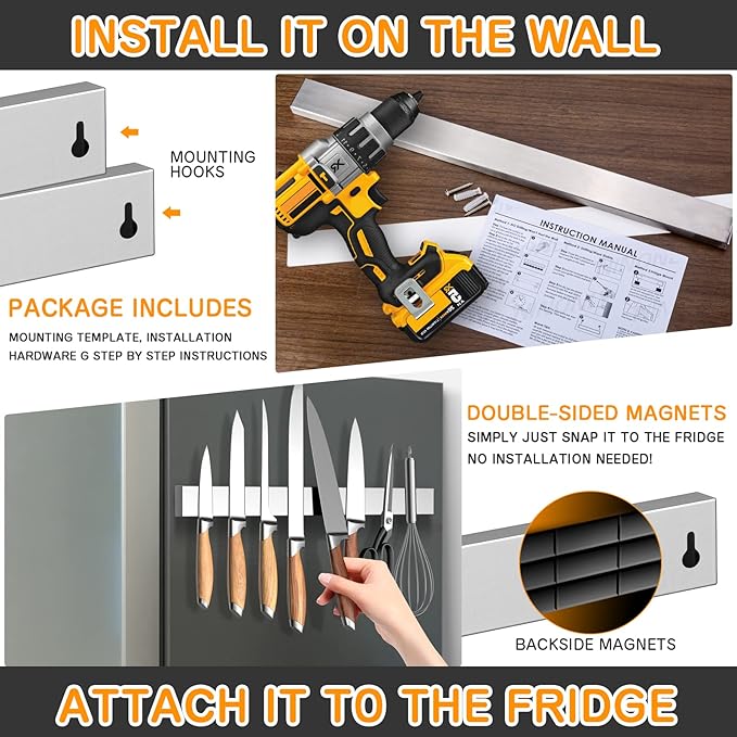 Ninonly 20 Inch Magnetic Knife Holder for Refrigerator, Stainless Steel Double Sided Magnet Knife Strip for Wall, No Drilling Magnetic Knife Rack with Powerful Magnetic Pull Force Fridge Applicable