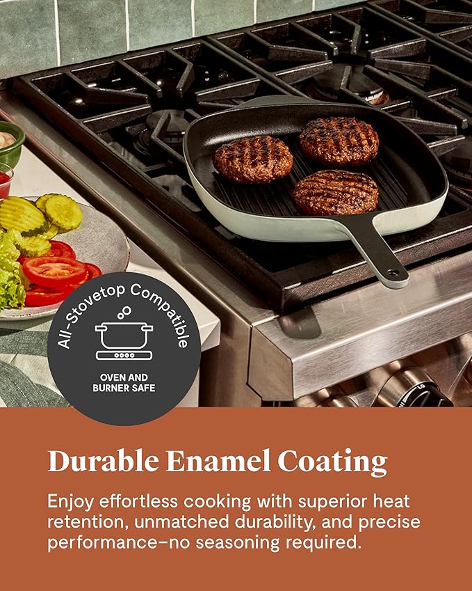 Caraway Enameled Cast Iron Grill Pan - 10.5” Grill Pan for Stovetop Cooking - 3 Layer Enamel Coating - No Seasoning Required - Compatible With All Stovetops - Free From Forever Chemicals - Light Mist