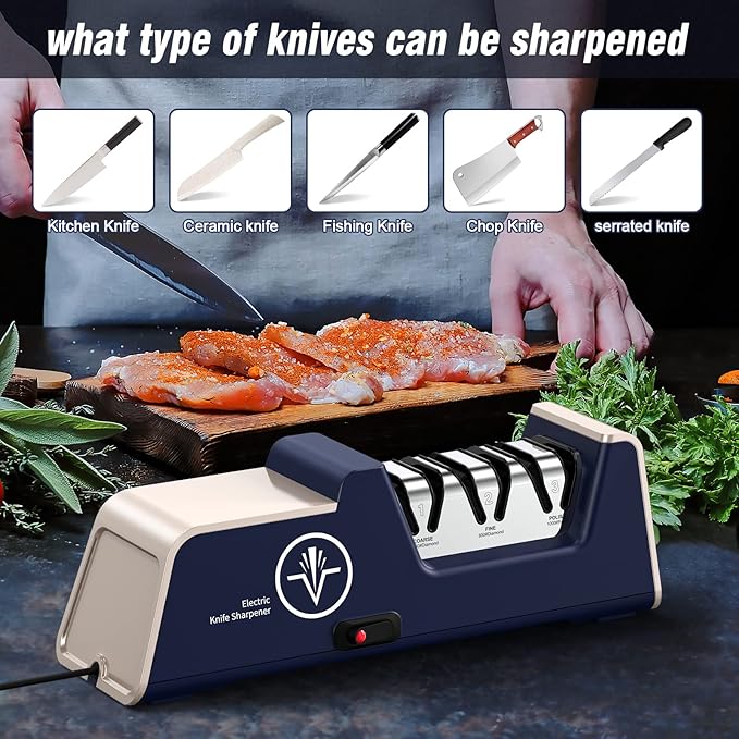 Homly Professional Electric Knife Sharpeners for Kitchen Knives with Diamond Abrasives and Precision Angle Guides, Multifunctional 3-Stage Slots, Applicable to Straight Knife and Ceramic Knife