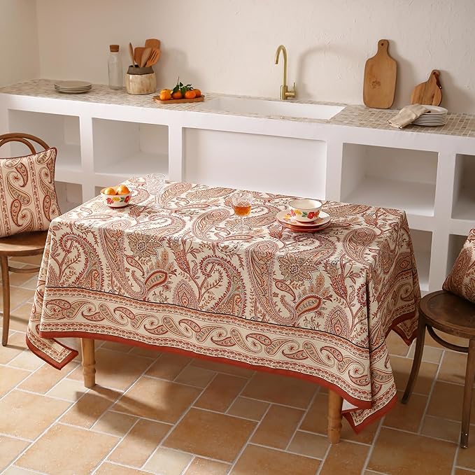 ISAENNE Designer French Red Extra Long Tablecloth Rectangle,Linen Table Cloth with Cashew Pattern,Stain Proof Decor Tablecloths for Dining Thanksgiving Kitchen Christmas,67"*118"-Chauffrey D